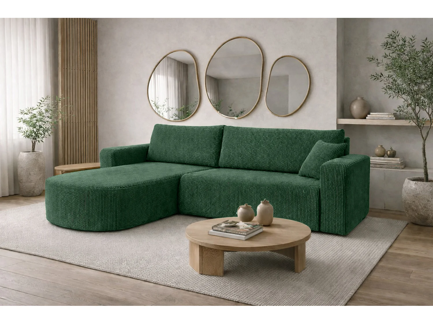 Canapé d’angle avec fonction couchage, tissu en velours côtelé Poso, Vert, Gauche, ROUND ONE XL