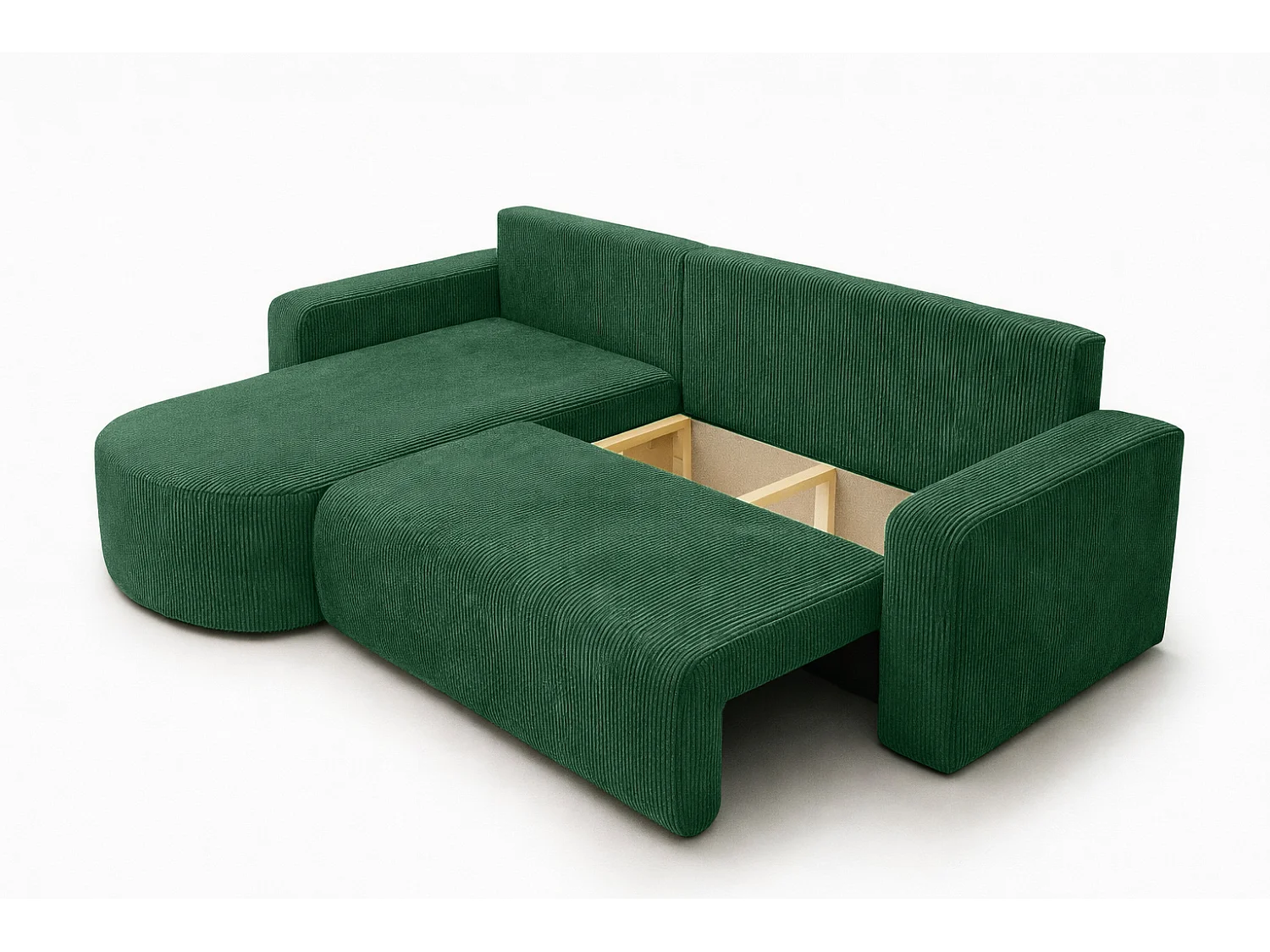 Canapé d’angle avec fonction couchage, tissu en velours côtelé Poso, Vert, Gauche, ROUND ONE XL