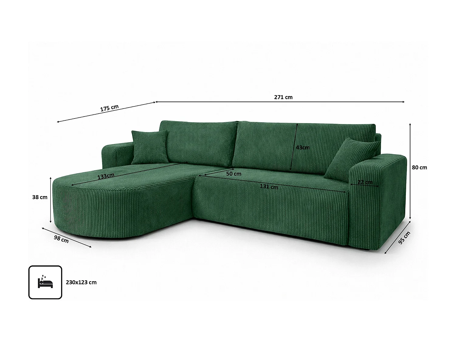 Canapé d’angle avec fonction couchage, tissu en velours côtelé Poso, Vert, Gauche, ROUND ONE XL