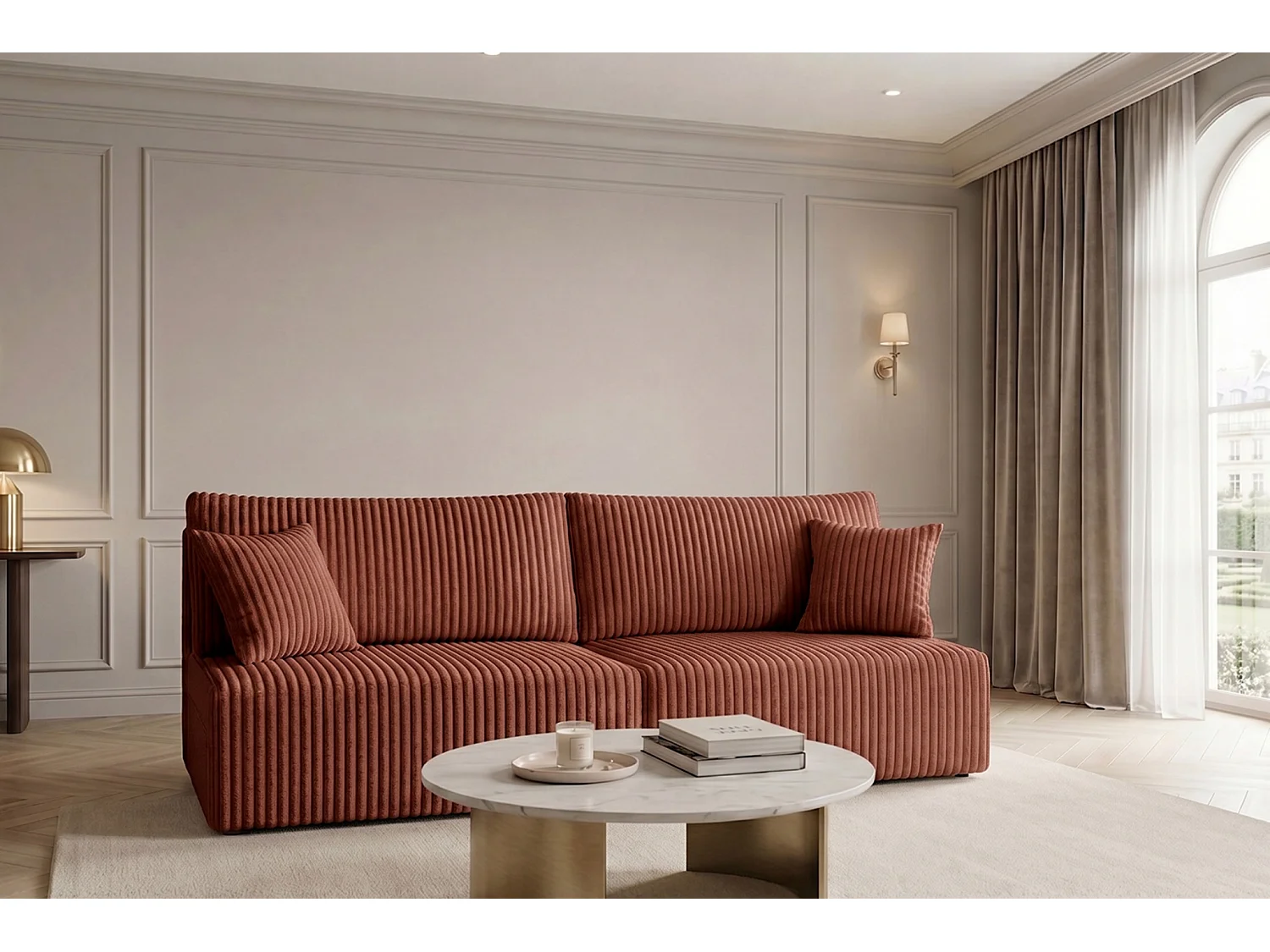 Canapé avec fonction couchage et coffre de rangement, tissu en velours côtelé Tilia, Cuivre, BEST MINI