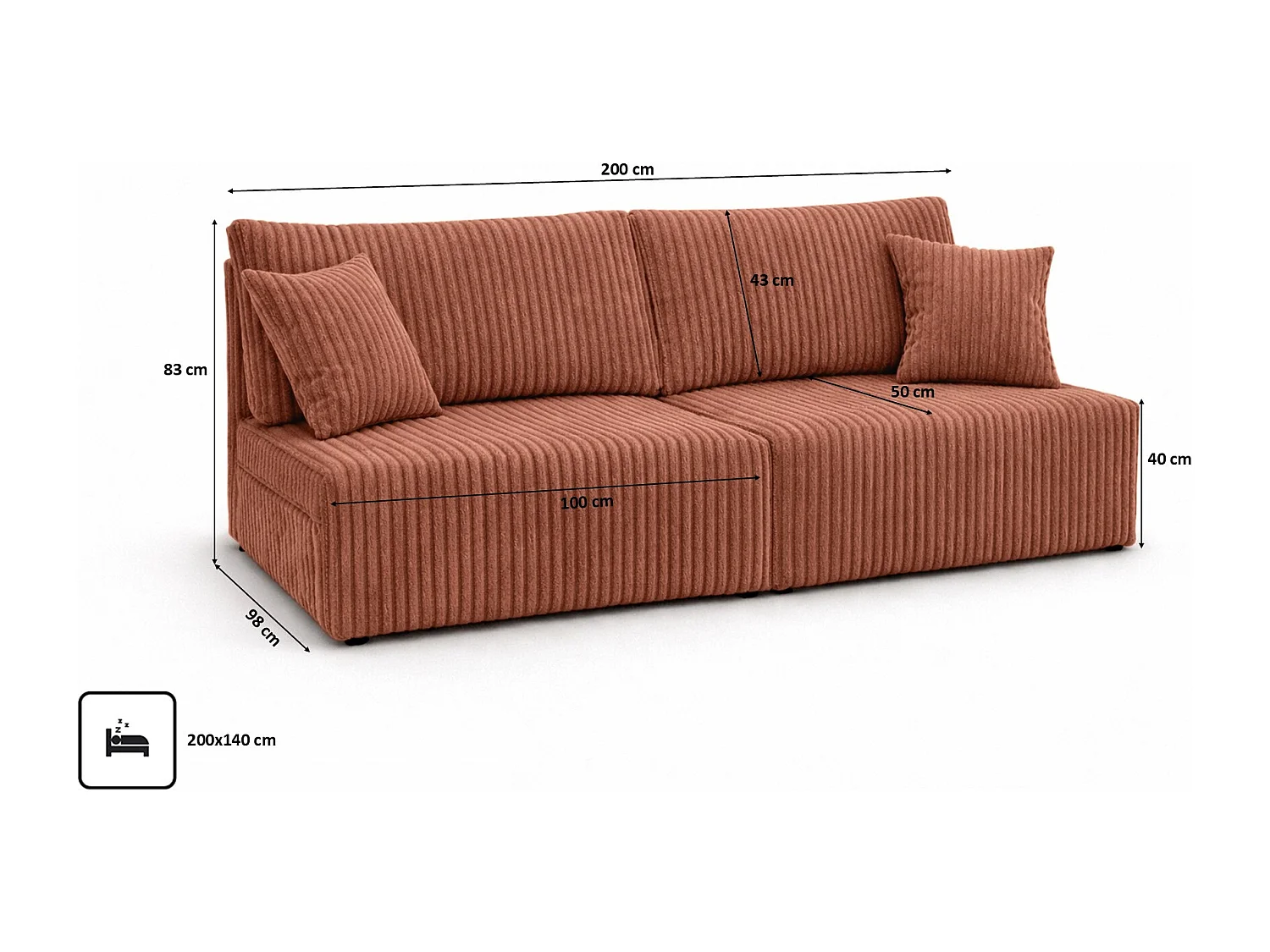 Canapé avec fonction couchage et coffre de rangement, tissu en velours côtelé Tilia, Cuivre, BEST MINI