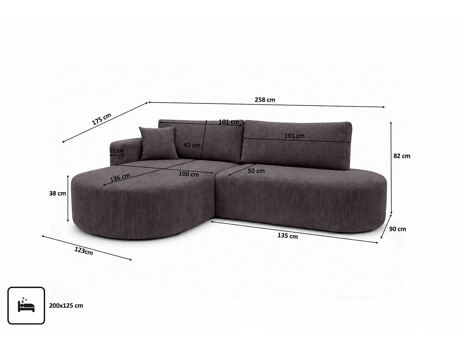 Canapé d'angle gauche convertible 4 places avec coffre en tissu côtelé gris foncé ONE