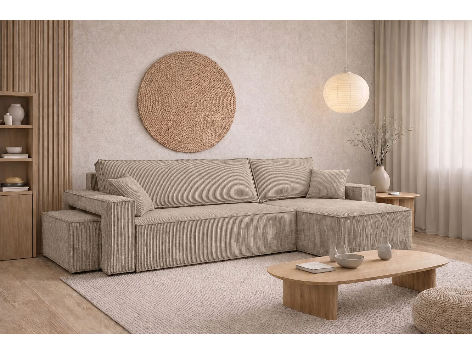 Canapé d’angle avec fonction couchage et pouf, tissu en velours côtelé Poso, Beige foncé, Droite, BEST L avec pouf