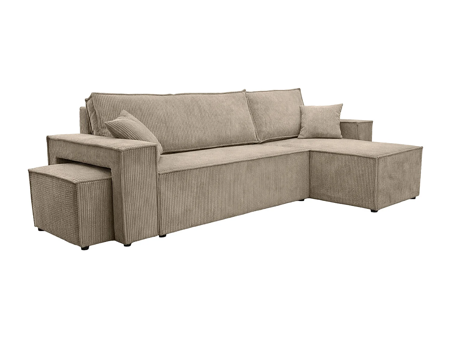 Canapé d’angle avec fonction couchage et pouf, tissu en velours côtelé Poso, Beige foncé, Droite, BEST L avec pouf