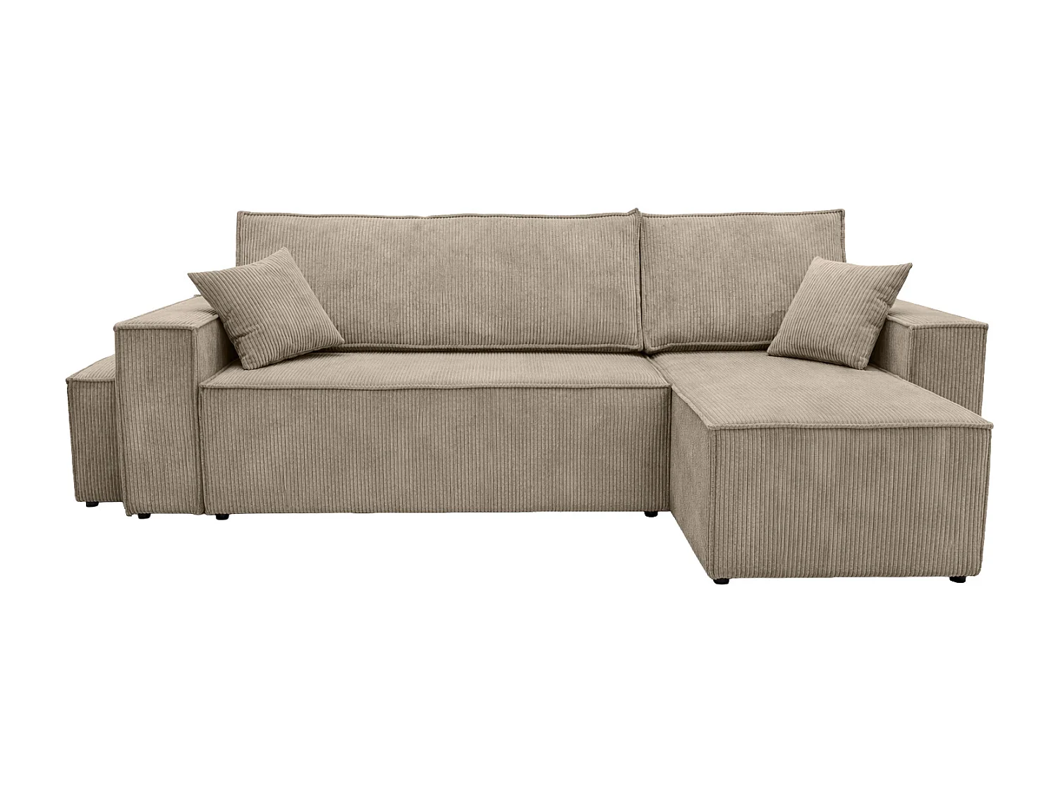 Canapé d’angle avec fonction couchage et pouf, tissu en velours côtelé Poso, Beige foncé, Droite, BEST L avec pouf