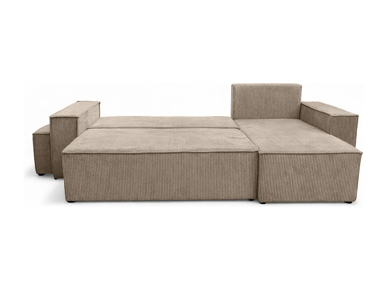 Canapé d’angle avec fonction couchage et pouf, tissu en velours côtelé Poso, Beige foncé, Droite, BEST L avec pouf