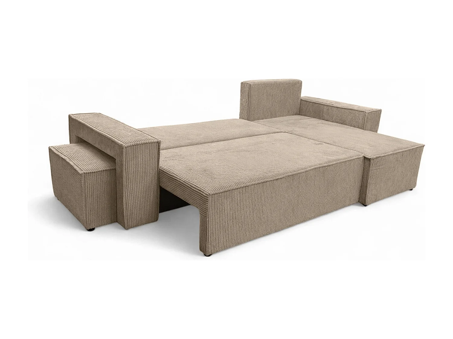 Canapé d’angle avec fonction couchage et pouf, tissu en velours côtelé Poso, Beige foncé, Droite, BEST L avec pouf