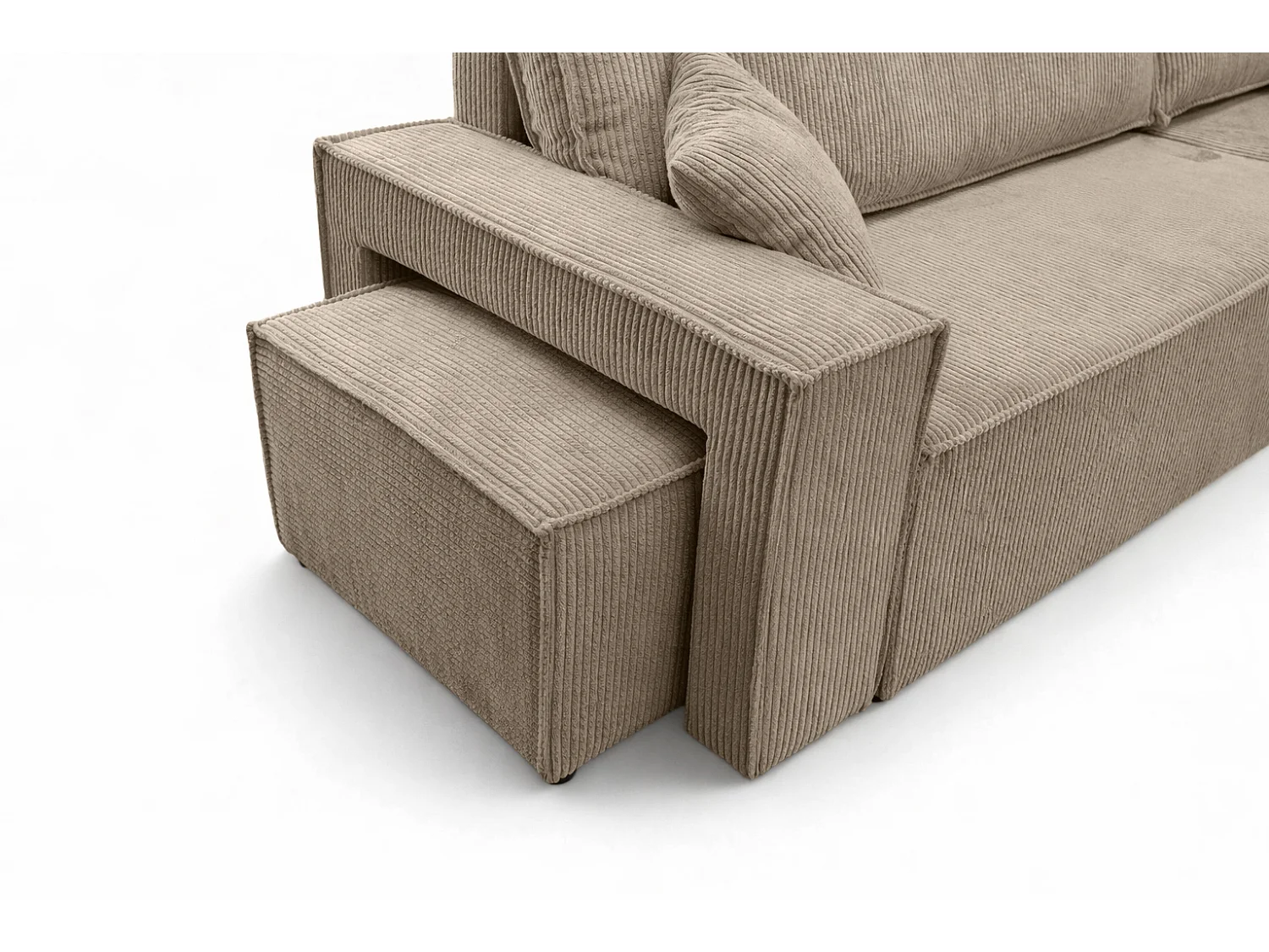 Canapé d’angle avec fonction couchage et pouf, tissu en velours côtelé Poso, Beige foncé, Droite, BEST L avec pouf