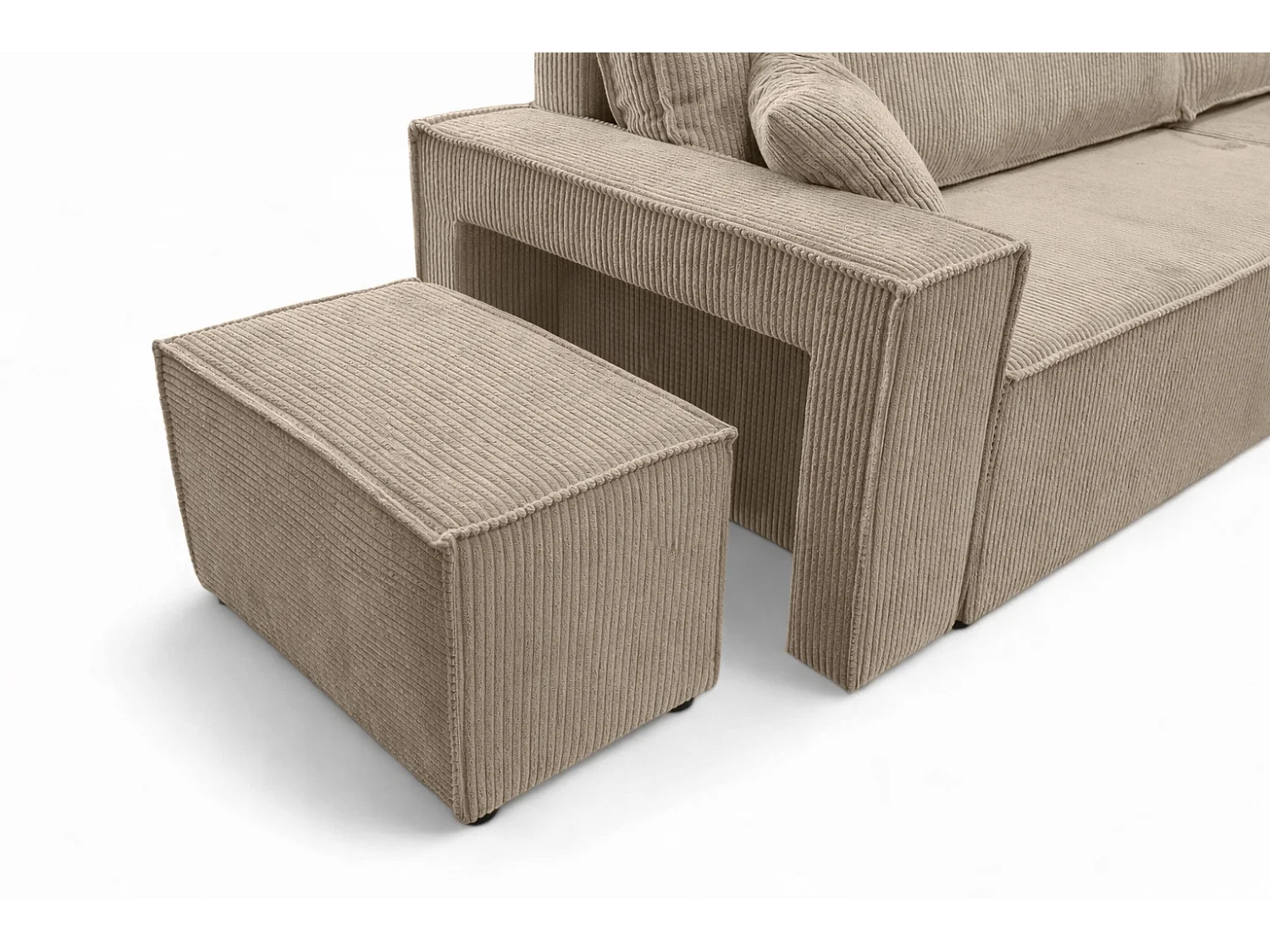 Canapé d’angle avec fonction couchage et pouf, tissu en velours côtelé Poso, Beige foncé, Droite, BEST L avec pouf