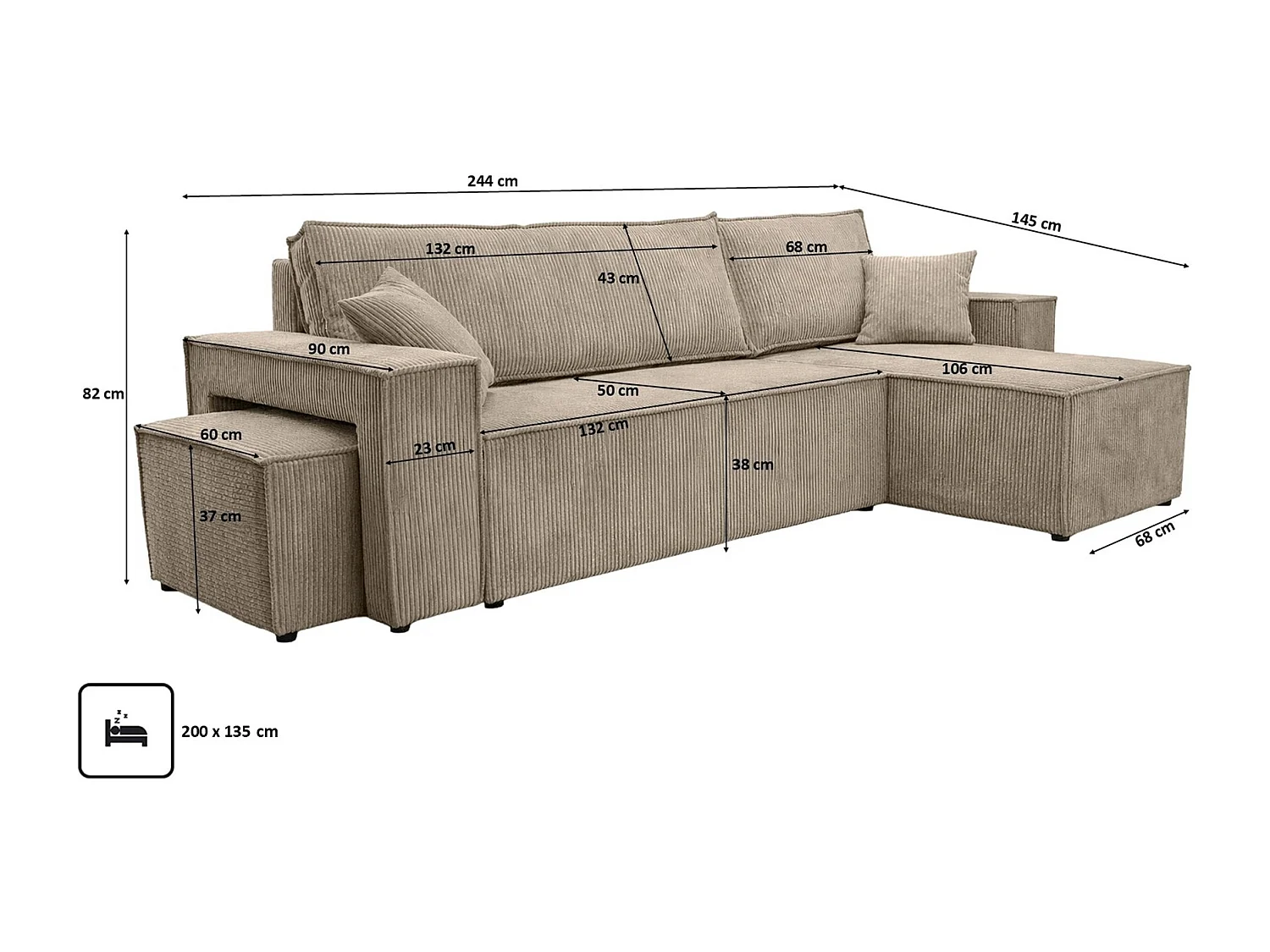 Canapé d’angle avec fonction couchage et pouf, tissu en velours côtelé Poso, Beige foncé, Droite, BEST L avec pouf