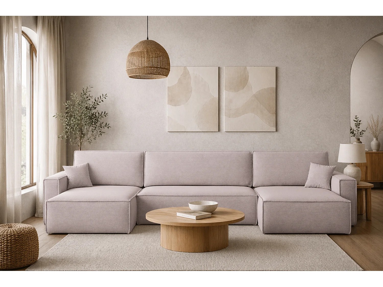 Hoekbank U-vorm met slaapfunctie en opbergruimte, stof Verita, Beige, BEST U XL
