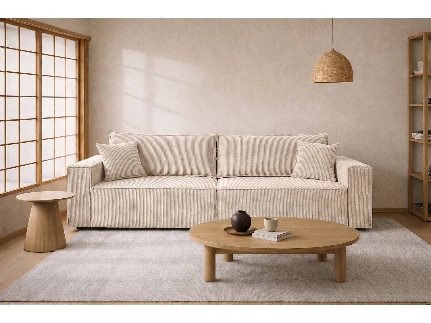 Bank met slaapfunctie en opbergruimte, koordstof Poso, Beige, BEST SCORNER