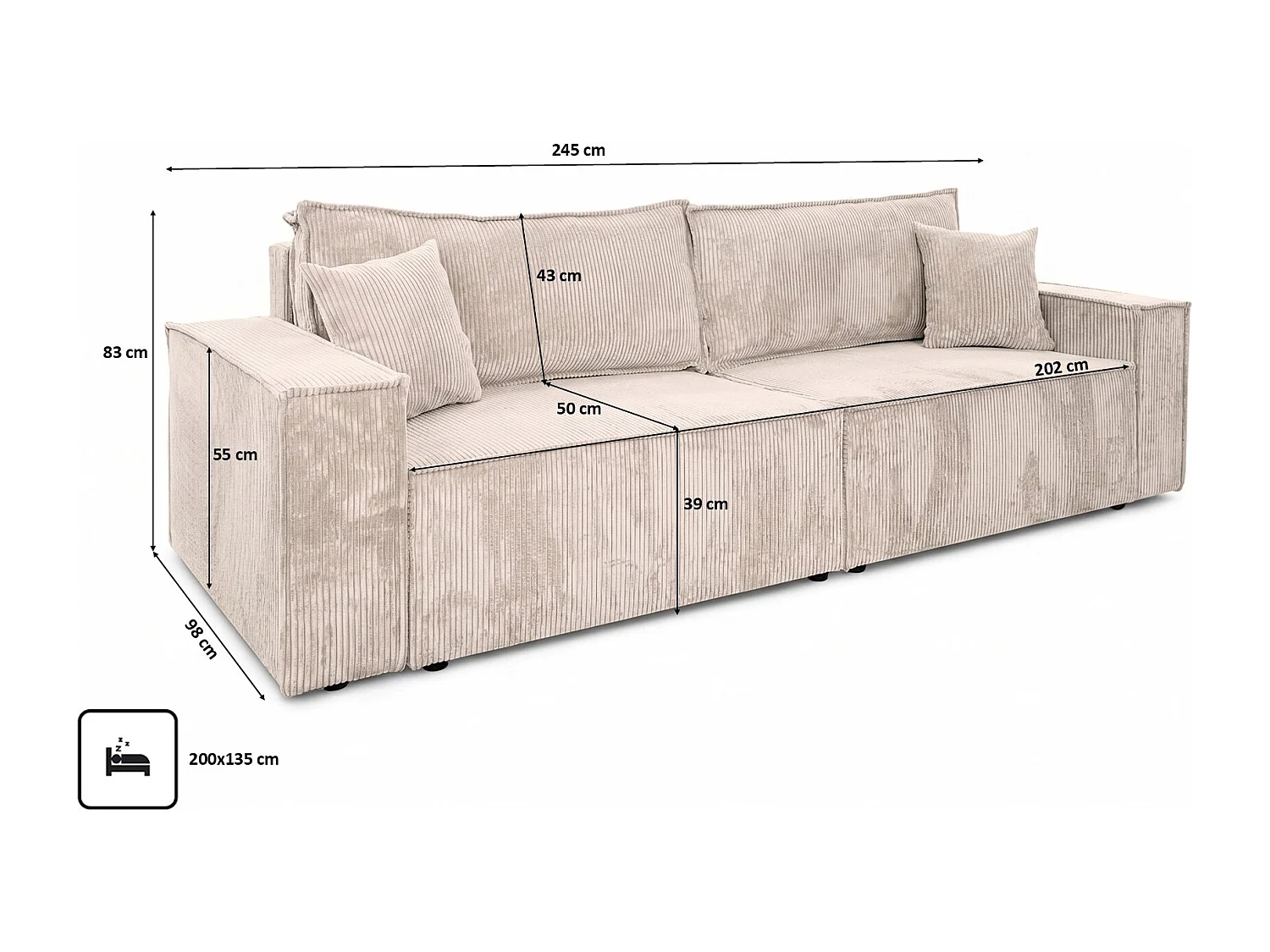 Bank met slaapfunctie en opbergruimte, koordstof Poso, Beige, BEST SCORNER