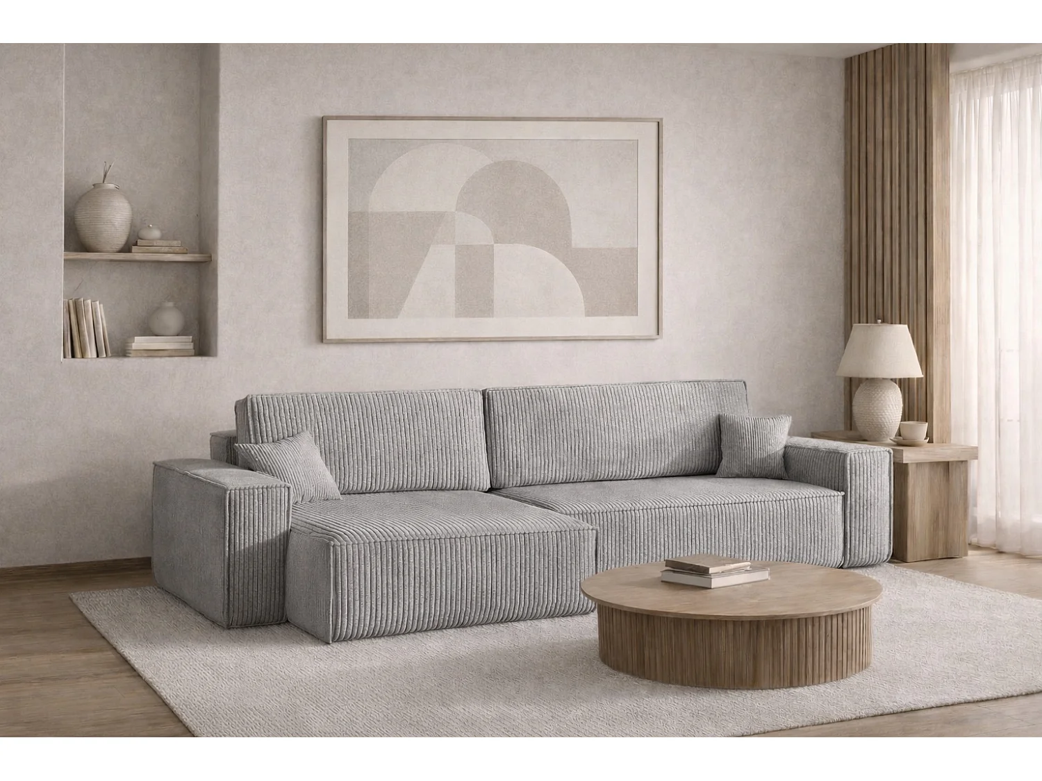 Canapé d’angle en L avec fonction couchage et coffre de rangement, tissu Poso velours côtelé épais, Gris, Gauche, BEST XL