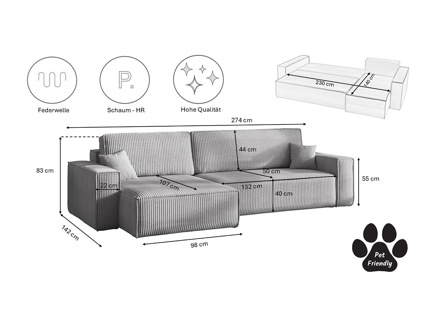 Canapé d’angle en L avec fonction couchage et coffre de rangement, tissu Poso velours côtelé épais, Gris, Gauche, BEST XL