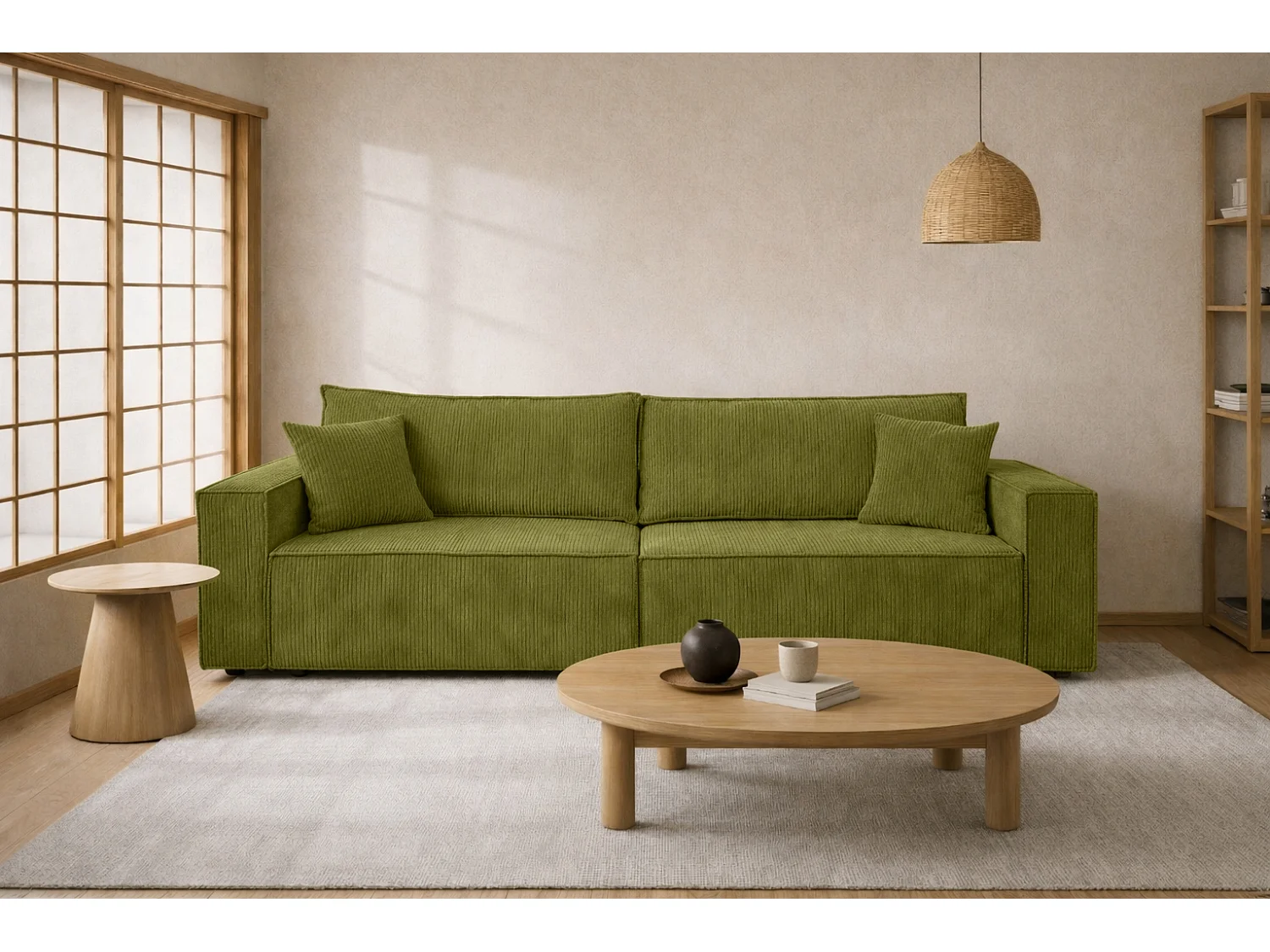 Canapé avec fonction couchage et coffre de rangement, tissu en velours côtelé Poso, Olive, BEST SCORNER
