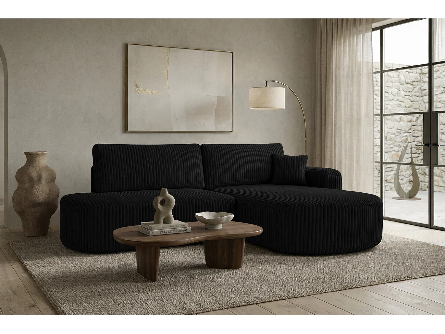 Canapé d’angle convertible avec coffre de rangement, tissu côtelé Tilia, Noir, Droite, ROUND ONE OPEN XL