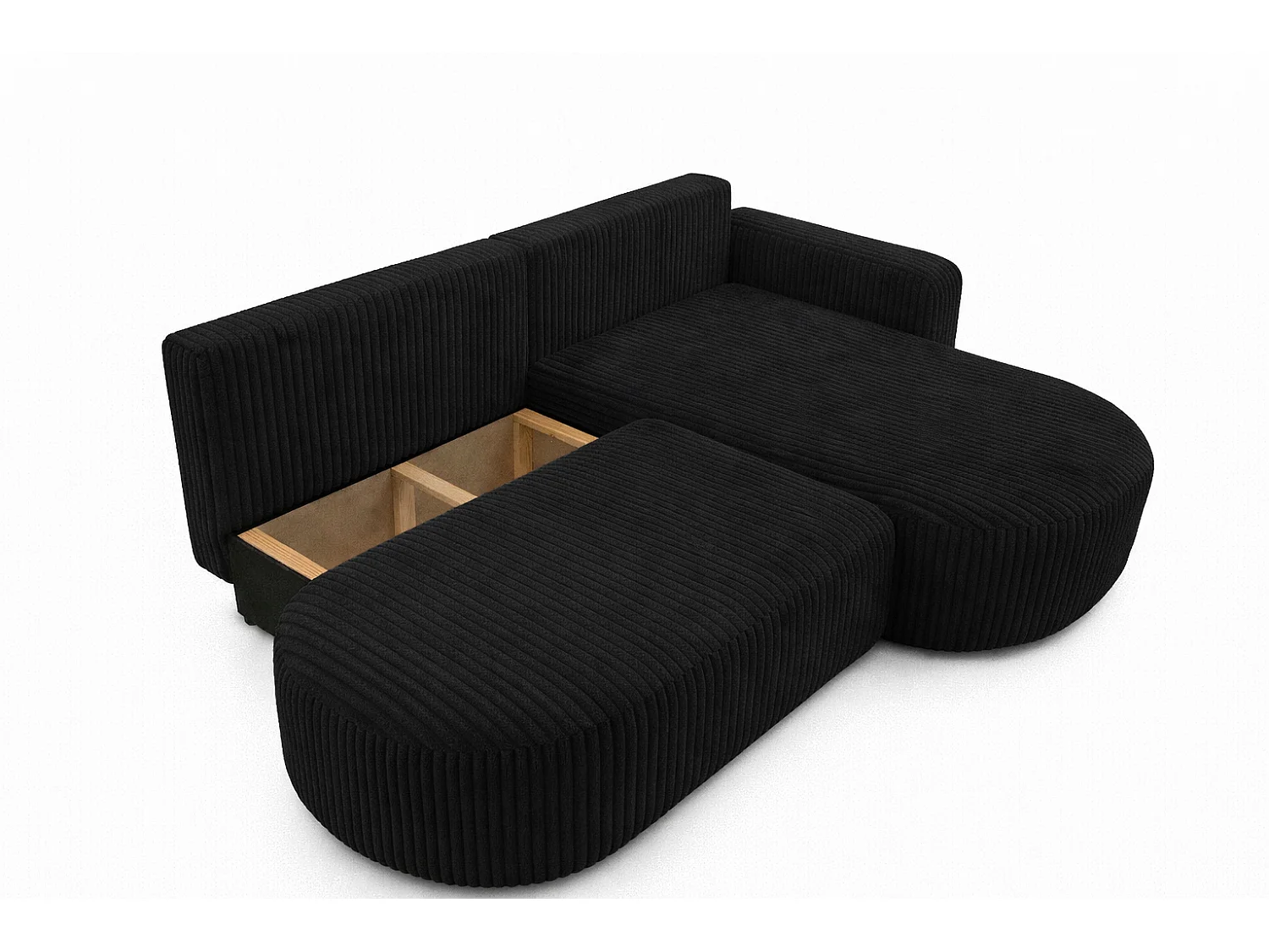 Canapé d’angle convertible avec coffre de rangement, tissu côtelé Tilia, Noir, Droite, ROUND ONE OPEN XL