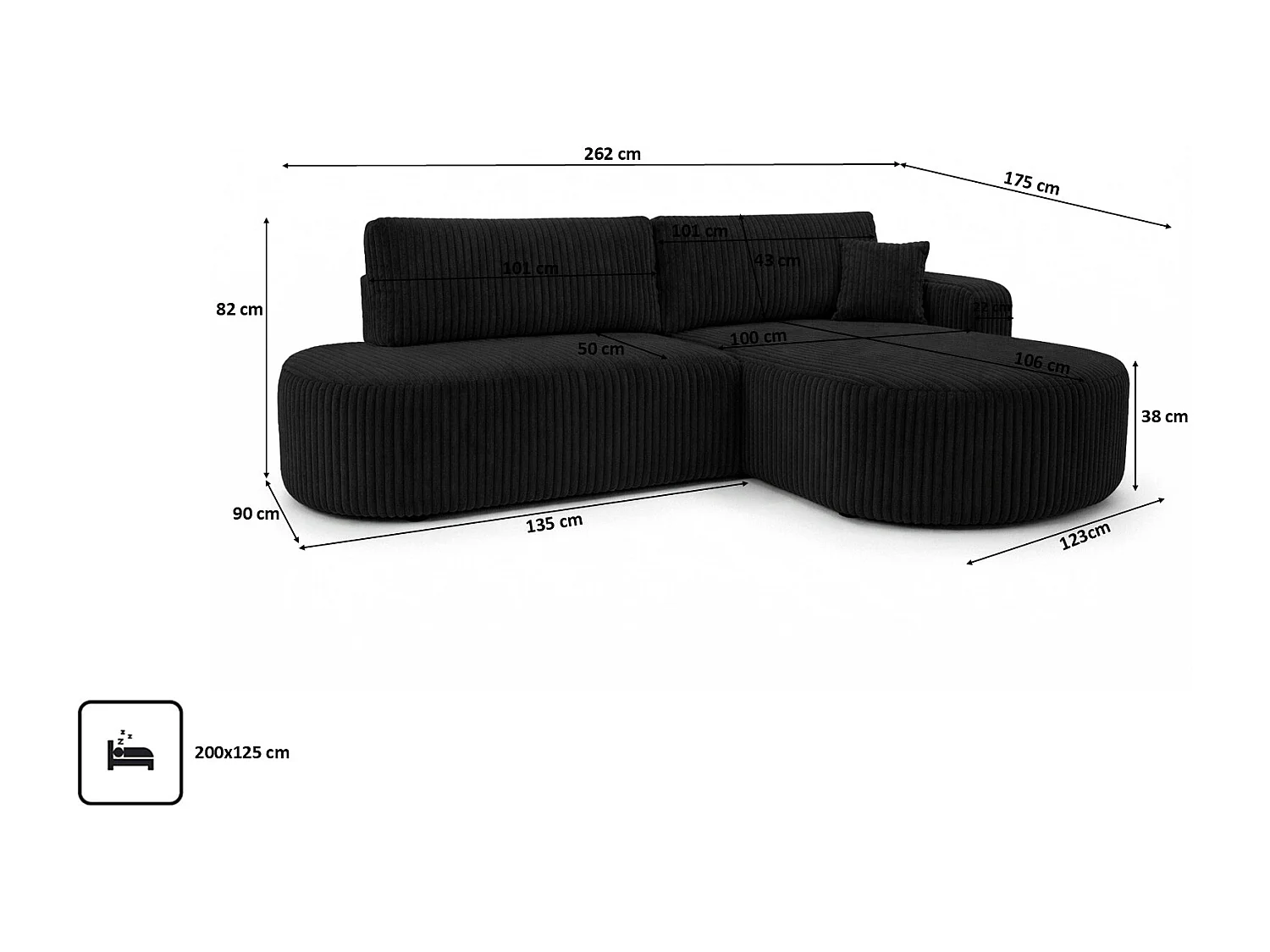Canapé d’angle convertible avec coffre de rangement, tissu côtelé Tilia, Noir, Droite, ROUND ONE OPEN XL