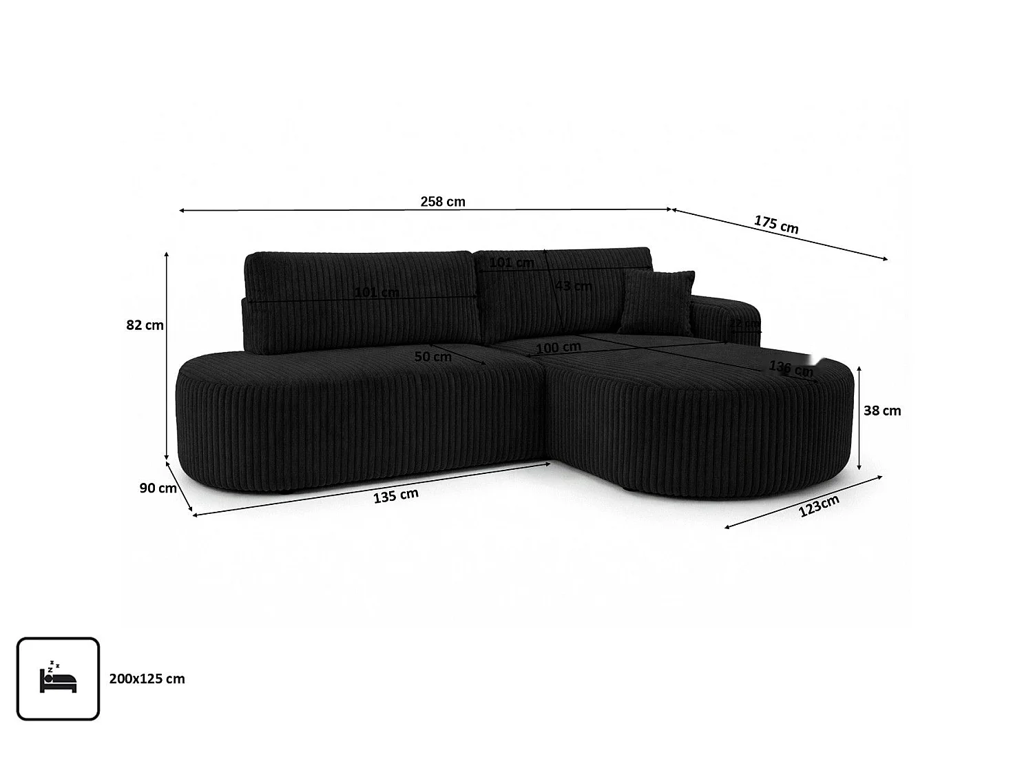 Canapé d'angle droit convertible 4 places avec coffre en tissu côtelé noir ONE
