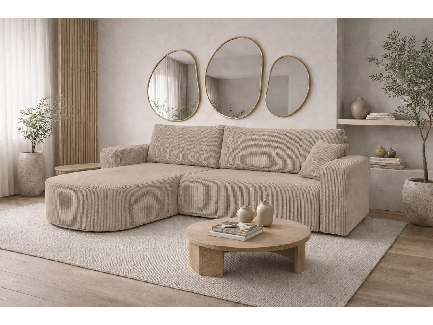 Ecksofa mit Schlaffunktion, Cordstoff Poso, Dunkelbeige, Links, ROUND ONE XL