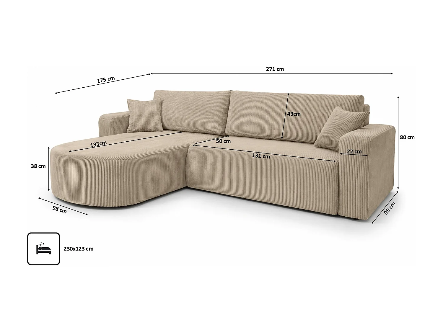 Ecksofa mit Schlaffunktion, Cordstoff Poso, Dunkelbeige, Links, ROUND ONE XL
