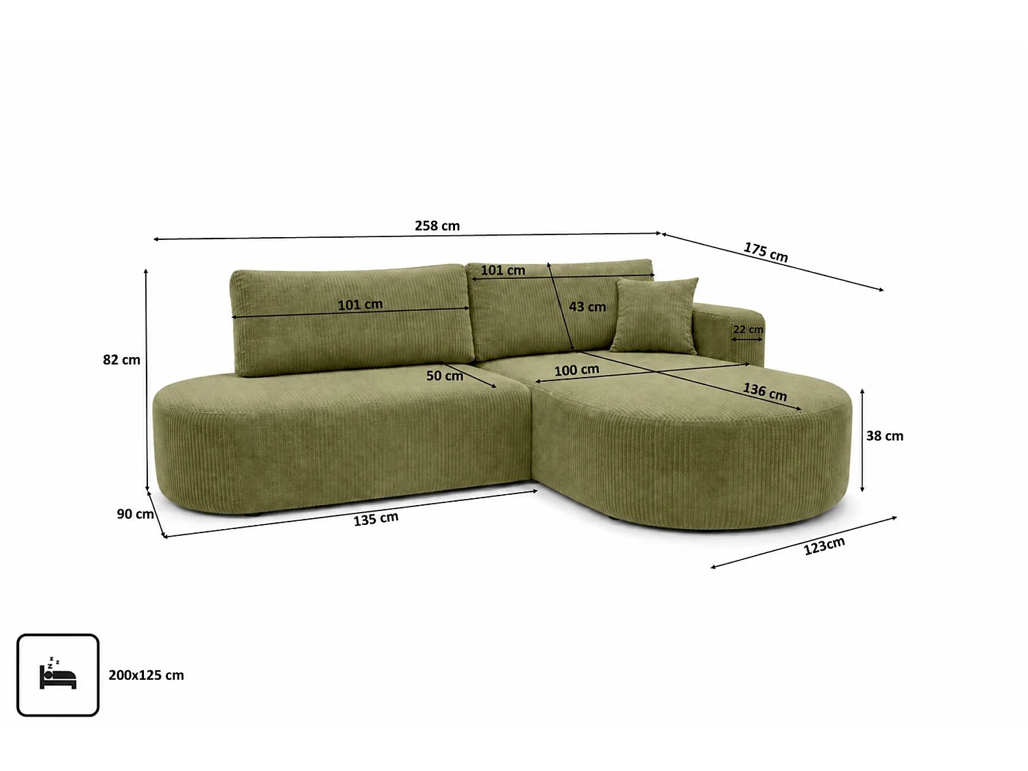Canapé d'angle droit convertible 4 places avec coffre en tissu côtelé vert ONE