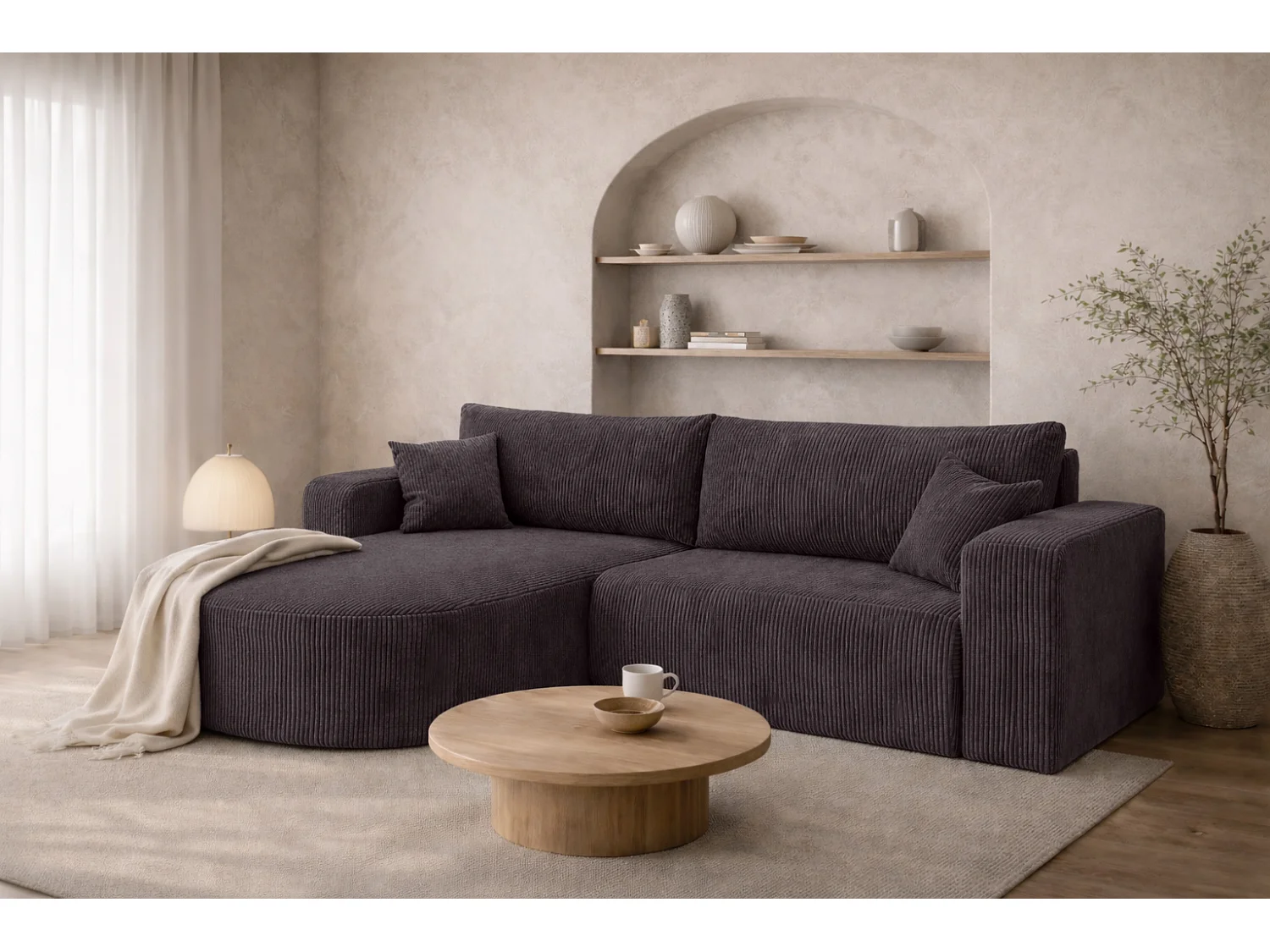 Canapé d’angle avec fonction couchage, tissu en velours côtelé Poso, Gris foncé, Gauche, ROUND ONE