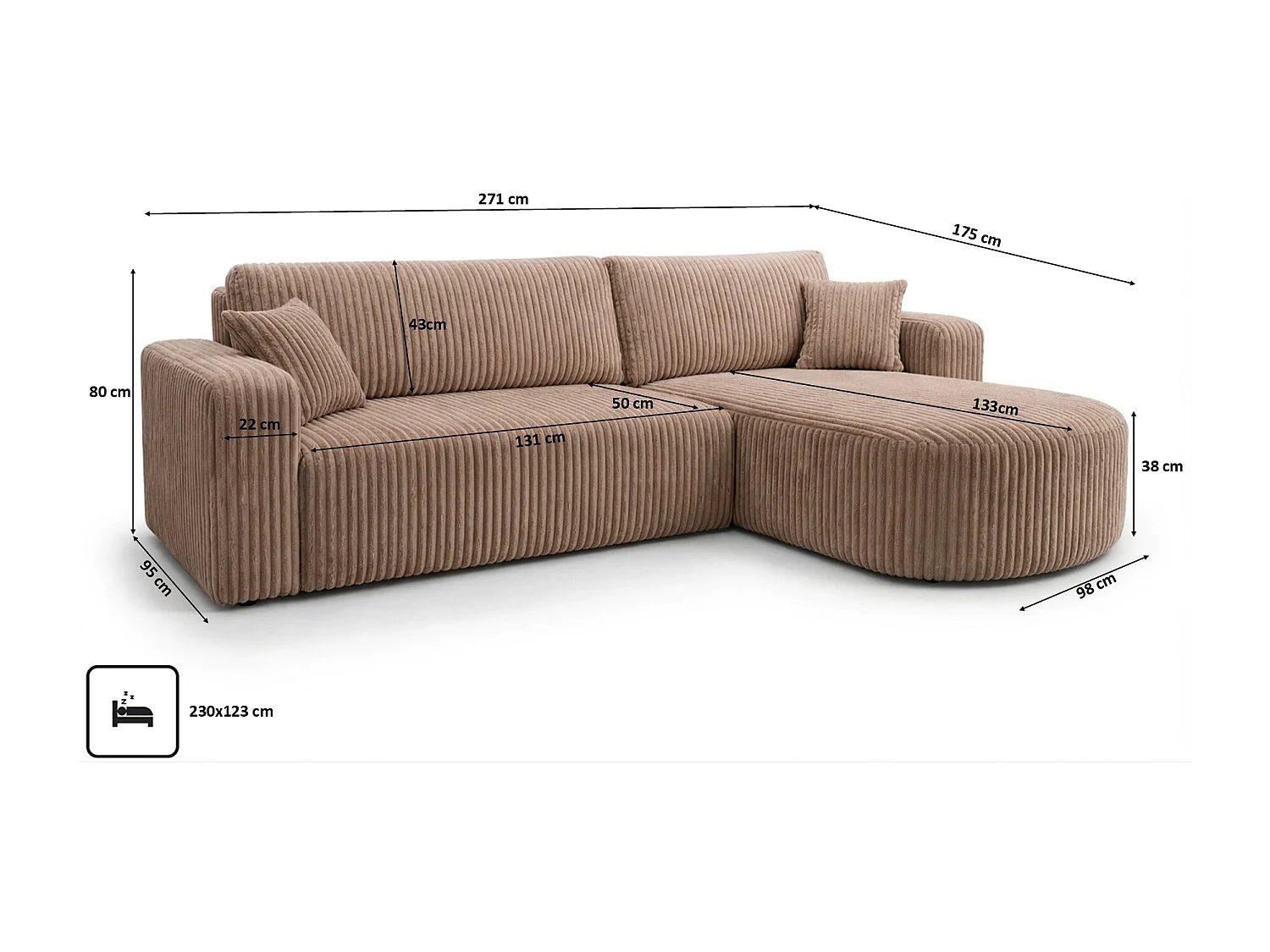 Hoekbank met slaapfunctie, koordstof Tilia, Bruin, Rechts, ROUND ONE XL