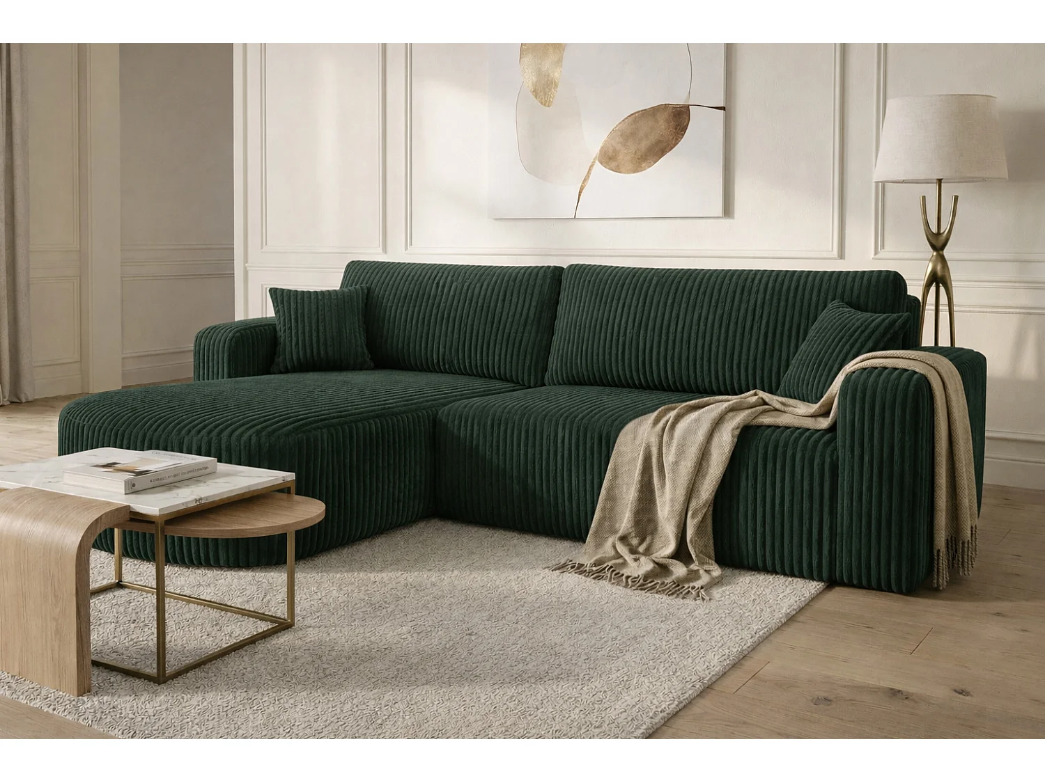 Hoekbank met slaapfunctie, koordstof Tilia, Groen, Links, ROUND ONE XL