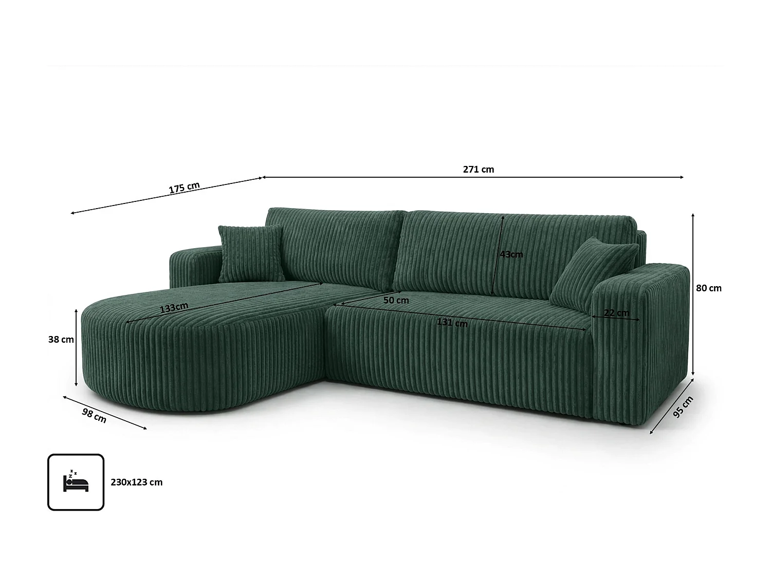 Hoekbank met slaapfunctie, koordstof Tilia, Groen, Links, ROUND ONE XL