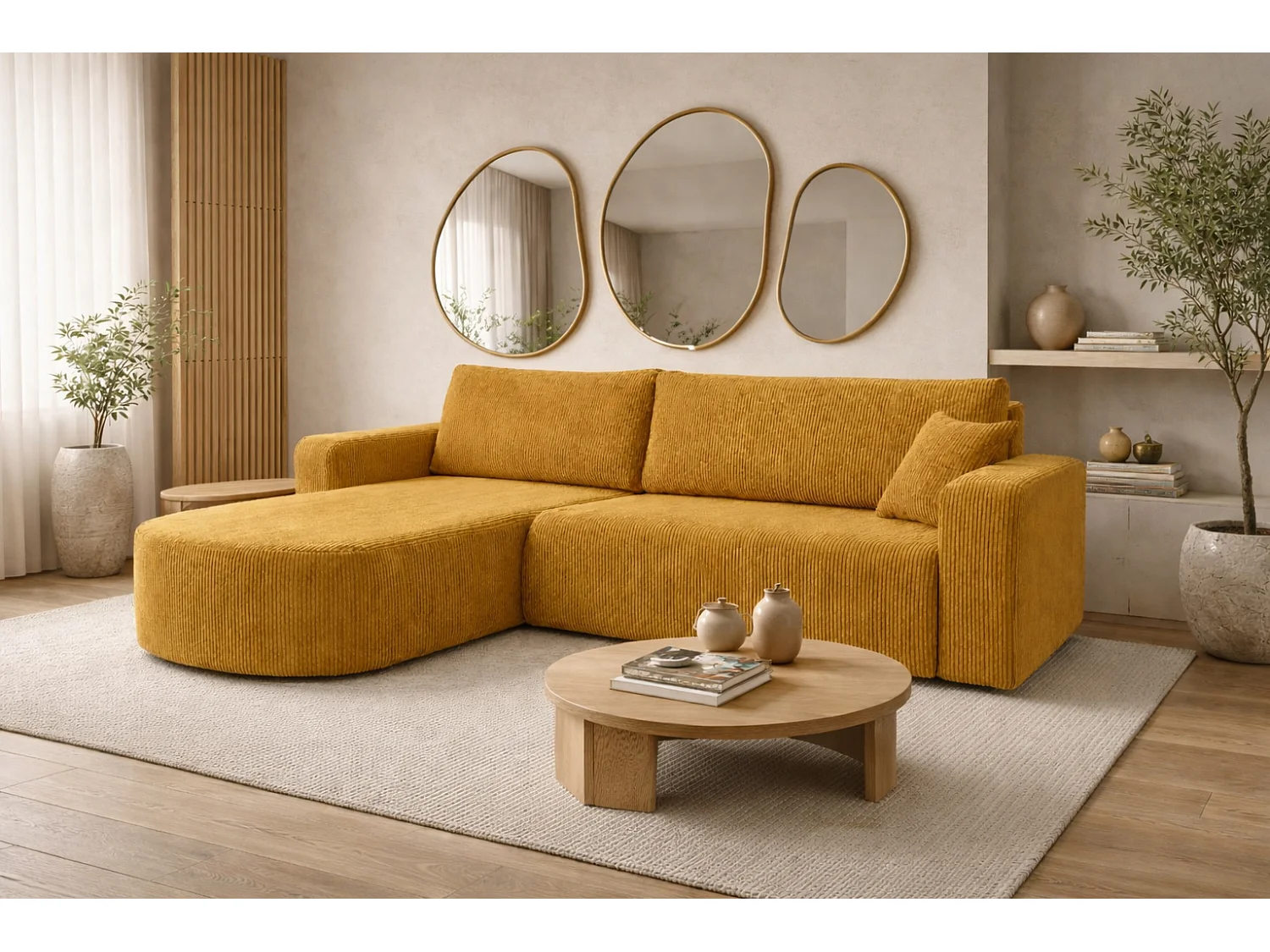 Hoekbank met slaapfunctie, koordstof Poso, Mosterdkleurig, Links, ROUND ONE XL