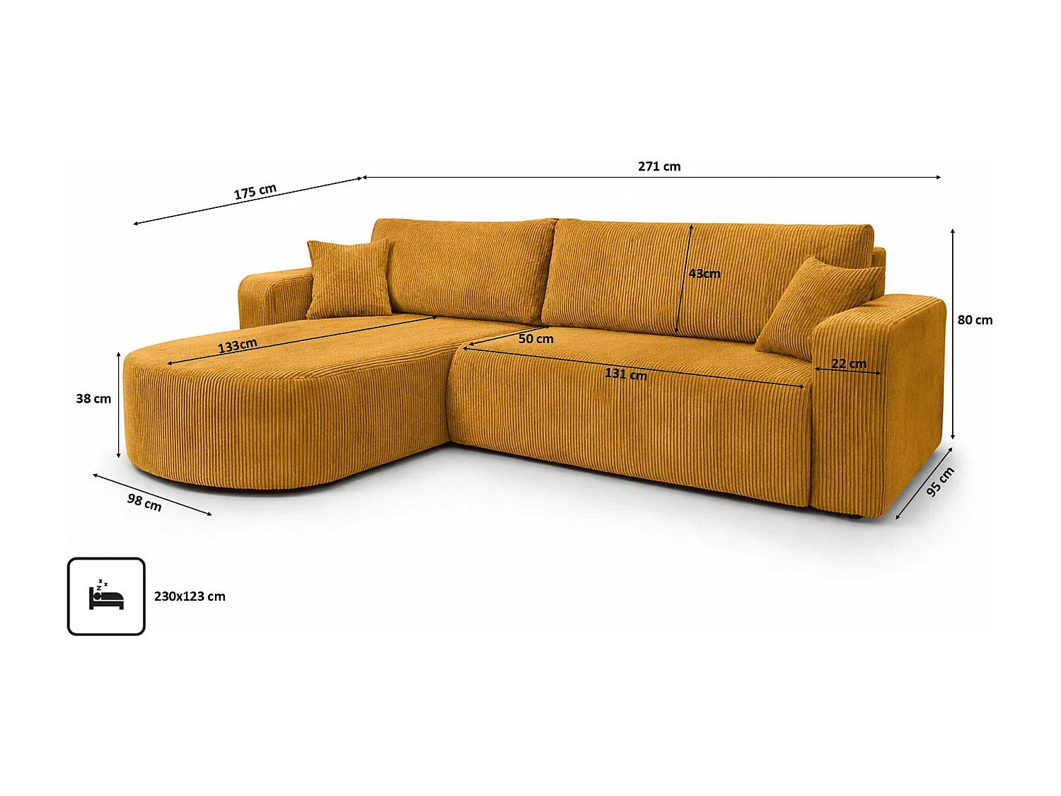 Hoekbank met slaapfunctie, koordstof Poso, Mosterdkleurig, Links, ROUND ONE XL