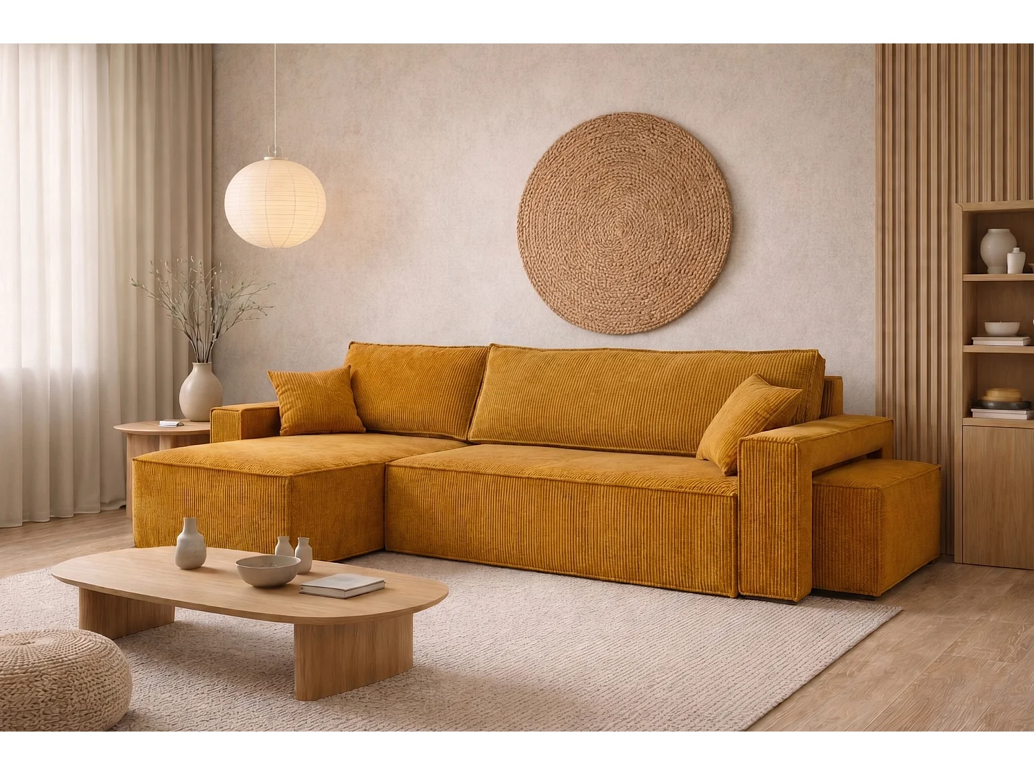 Canapé d’angle avec fonction couchage et pouf, tissu en velours côtelé Poso, Couleur moutarde, Gauche, BEST L avec pouf