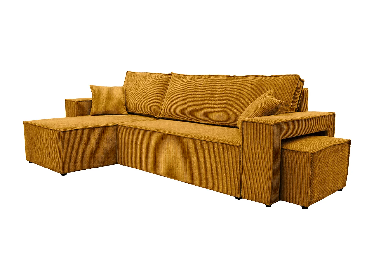 Canapé d’angle avec fonction couchage et pouf, tissu en velours côtelé Poso, Couleur moutarde, Gauche, BEST L avec pouf