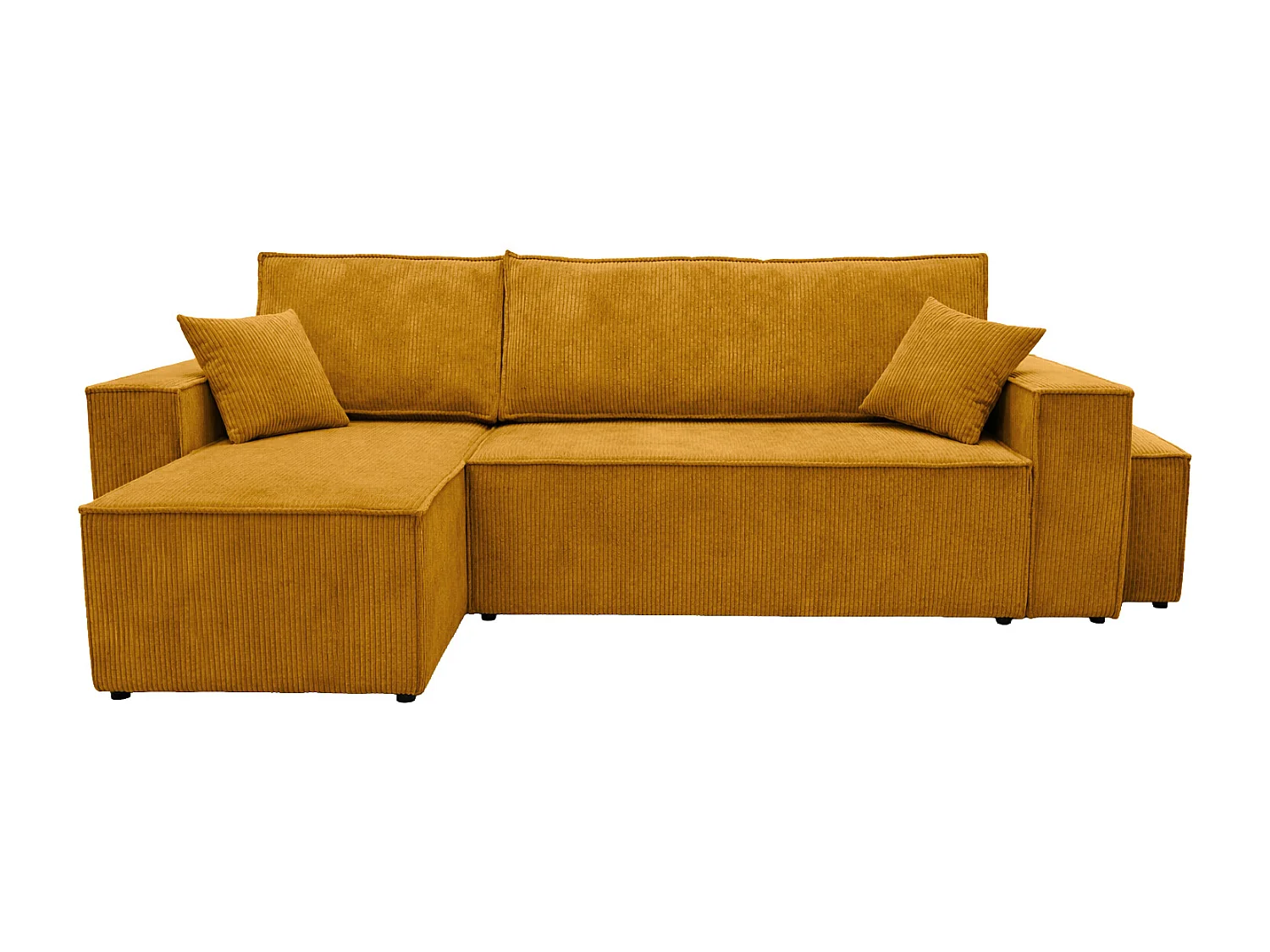 Canapé d’angle avec fonction couchage et pouf, tissu en velours côtelé Poso, Couleur moutarde, Gauche, BEST L avec pouf