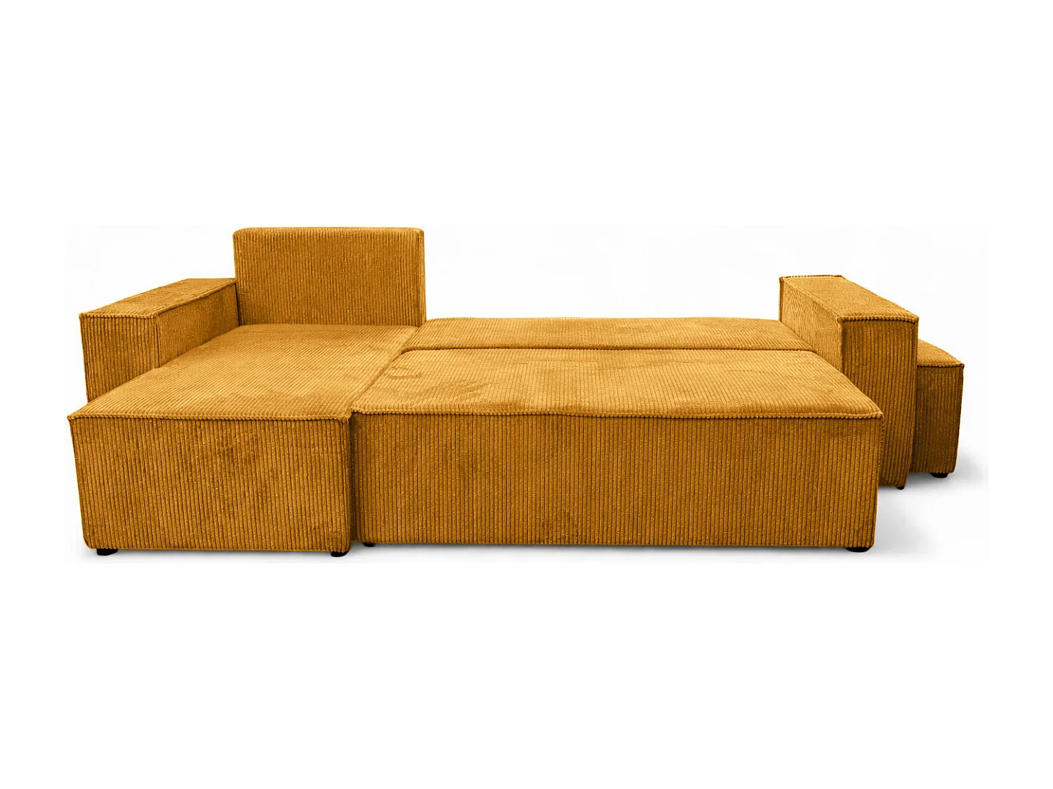 Canapé d’angle avec fonction couchage et pouf, tissu en velours côtelé Poso, Couleur moutarde, Gauche, BEST L avec pouf