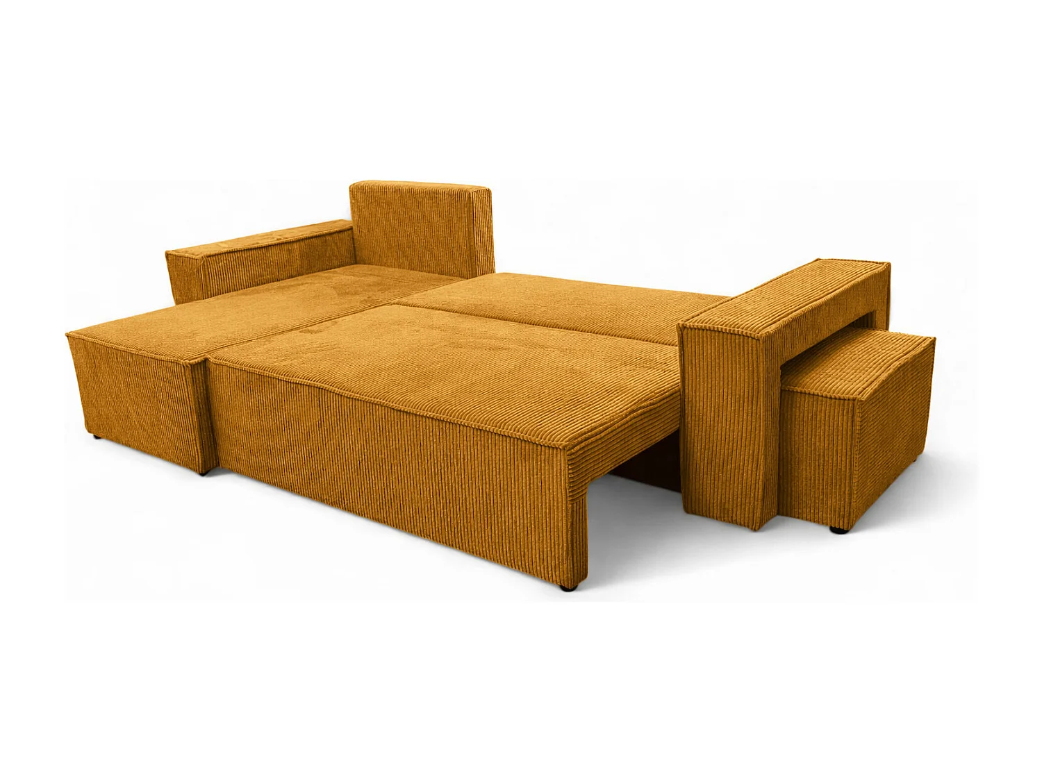 Canapé d’angle avec fonction couchage et pouf, tissu en velours côtelé Poso, Couleur moutarde, Gauche, BEST L avec pouf