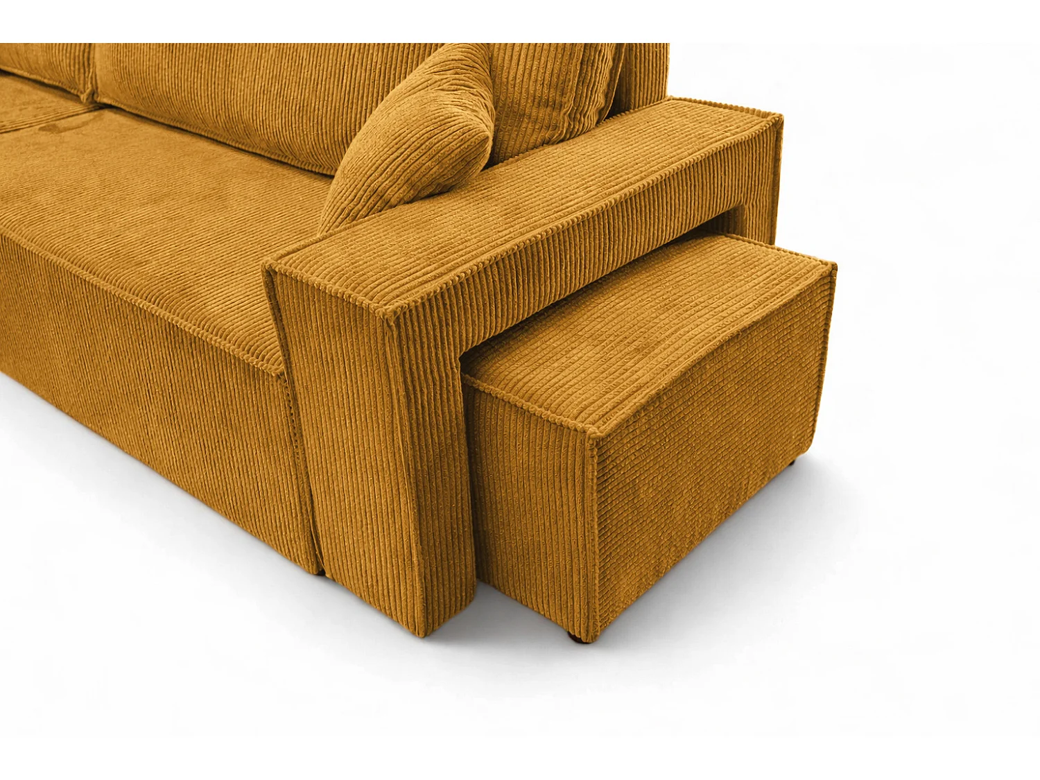Canapé d’angle avec fonction couchage et pouf, tissu en velours côtelé Poso, Couleur moutarde, Gauche, BEST L avec pouf