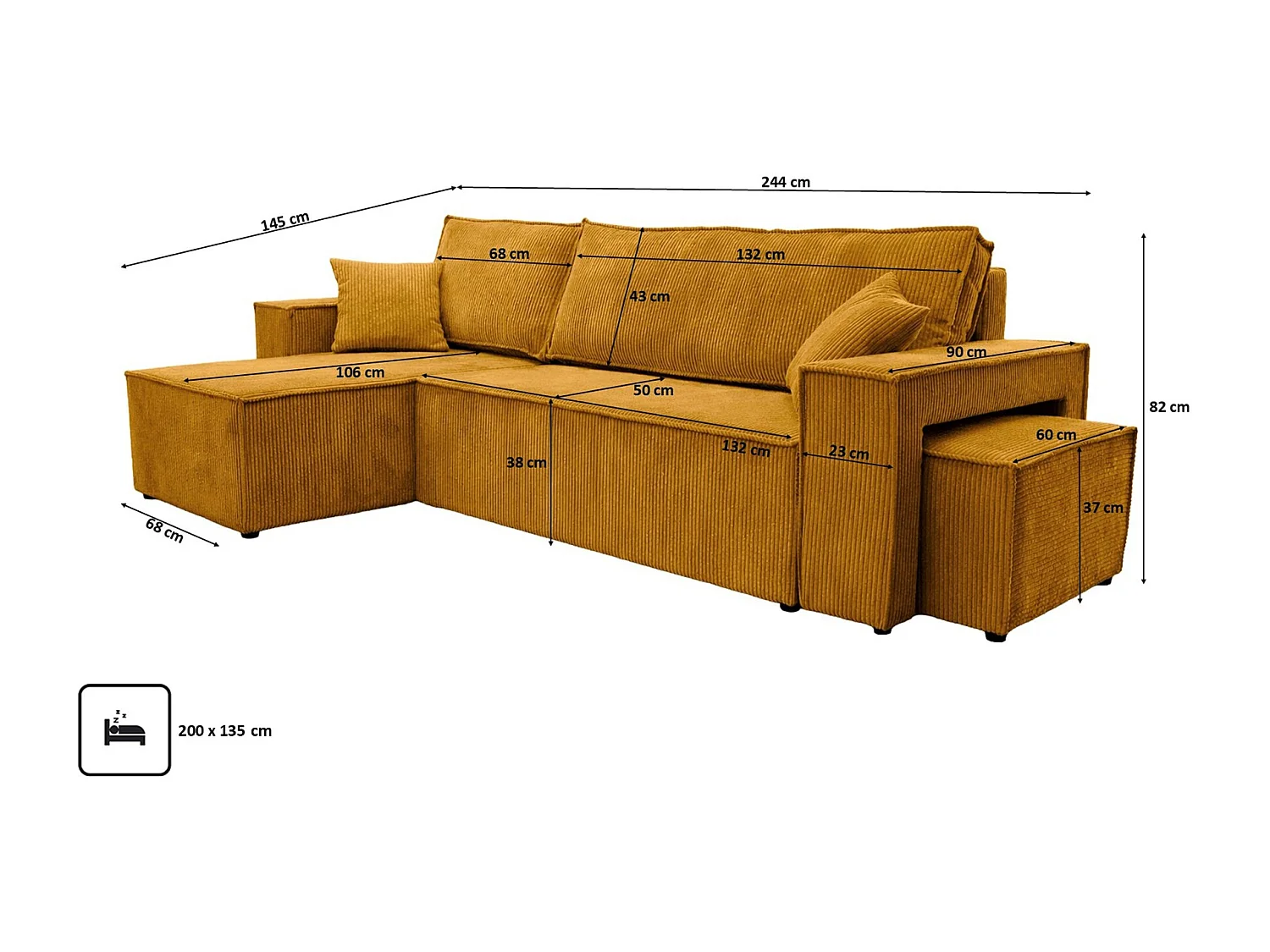 Canapé d’angle avec fonction couchage et pouf, tissu en velours côtelé Poso, Couleur moutarde, Gauche, BEST L avec pouf