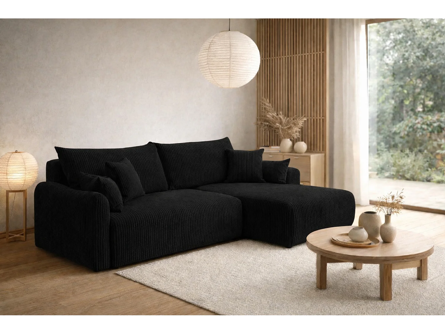 Canapé d’angle avec fonction couchage, tissu en velours côtelé Poso, Noir, Droite, JAPANDI