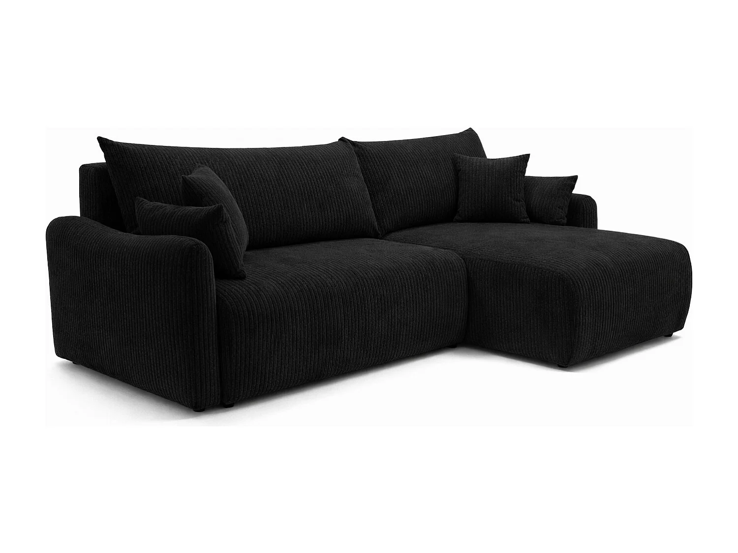 Canapé d’angle avec fonction couchage, tissu en velours côtelé Poso, Noir, Droite, JAPANDI