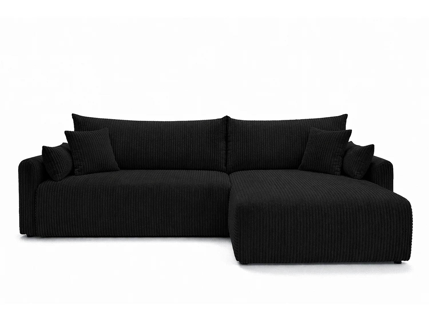 Canapé d’angle avec fonction couchage, tissu en velours côtelé Poso, Noir, Droite, JAPANDI