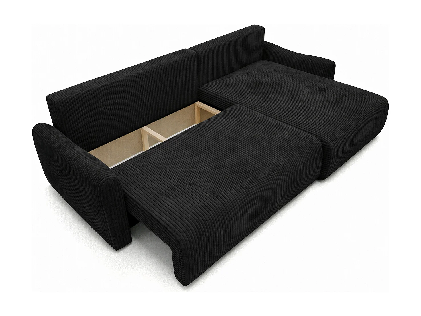 Canapé d’angle avec fonction couchage, tissu en velours côtelé Poso, Noir, Droite, JAPANDI