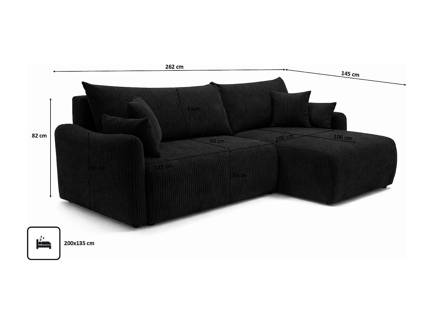 Canapé d’angle avec fonction couchage, tissu en velours côtelé Poso, Noir, Droite, JAPANDI
