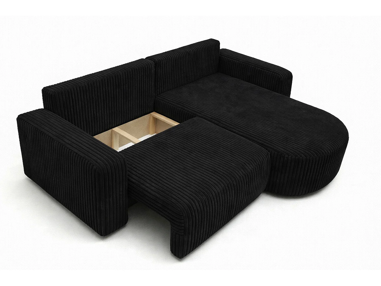 Canapé d’angle avec fonction couchage, tissu en velours côtelé Tilia, Noir, Droite, ROUND ONE