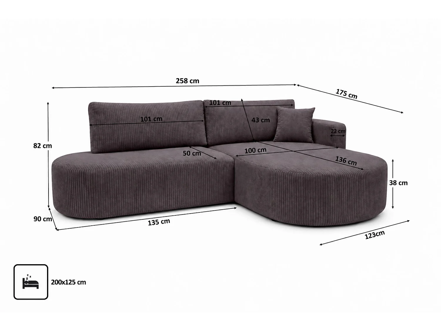 Canapé d'angle droit convertible 4 places avec coffre en tissu côtelé gris foncé ONE