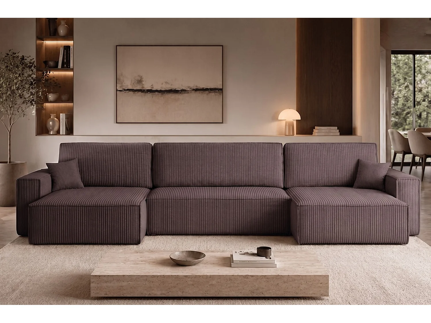 Canapé d’angle en U avec fonction couchage et coffre de rangement, tissu Poso velours côtelé épais, Gris foncé, BEST U XL