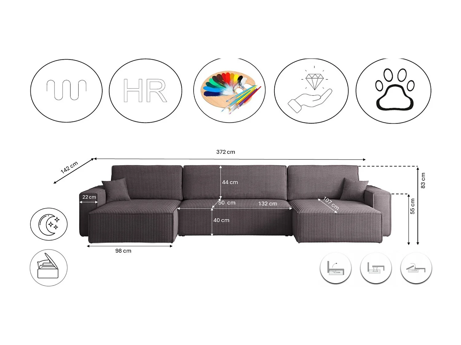Canapé d’angle en U avec fonction couchage et coffre de rangement, tissu Poso velours côtelé épais, Gris foncé, BEST U XL