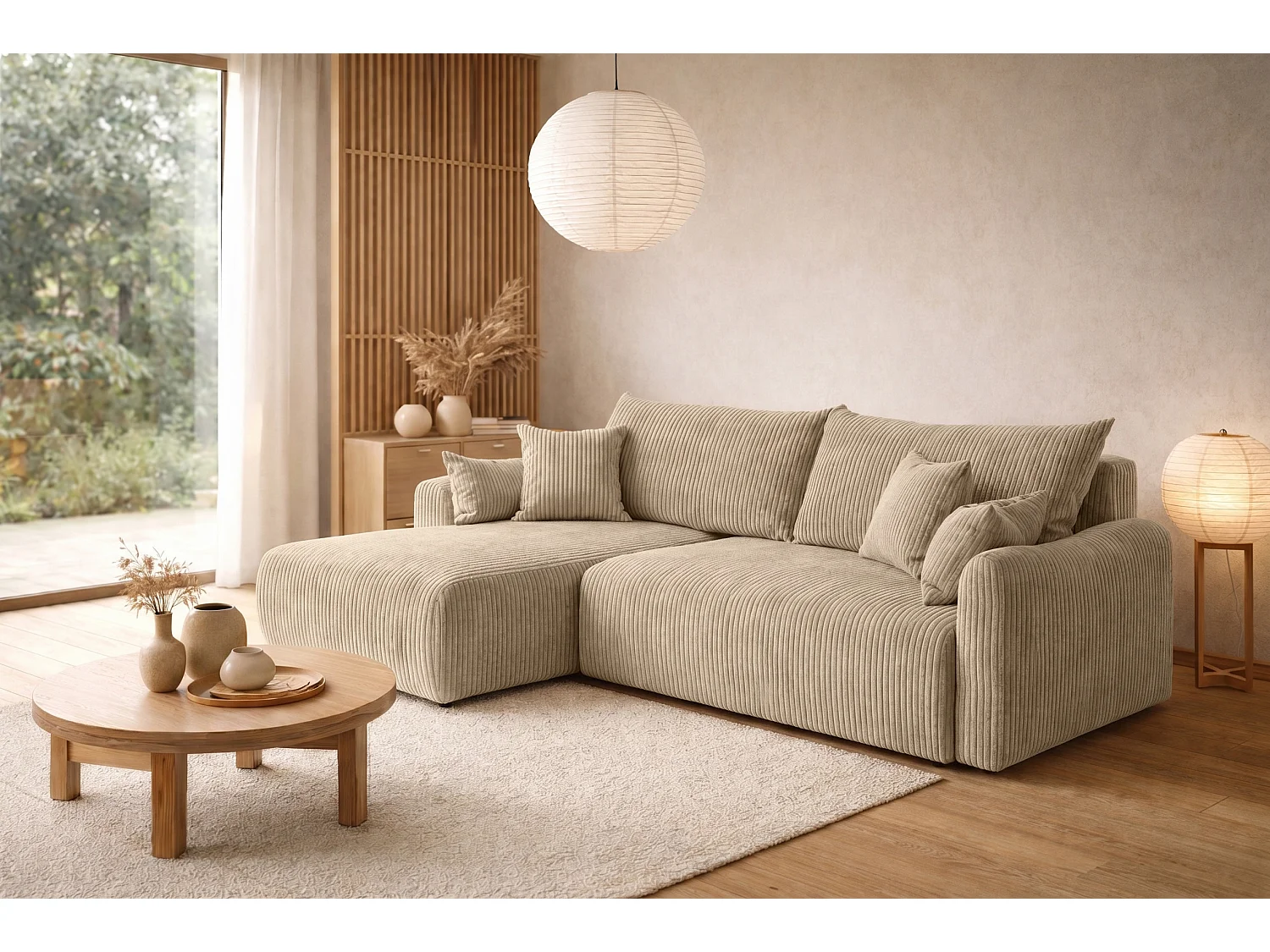 Hoekbank met slaapfunctie, koordstof Poso, Donkerbeige, Links, JAPANDI
